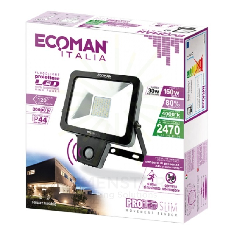 proiettore led proled 30w luce naturale 4000k ecoman nero ip44 slim sensor