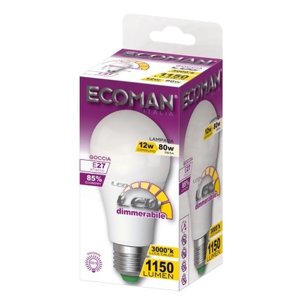 lampadina led goccia e27 12w luce calda 3000k ecoman dimmerabile vetro giacchio