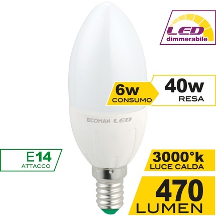 Lampadina LED Candela E14 6W luce calda 3000K ECOMAN dimmerabile