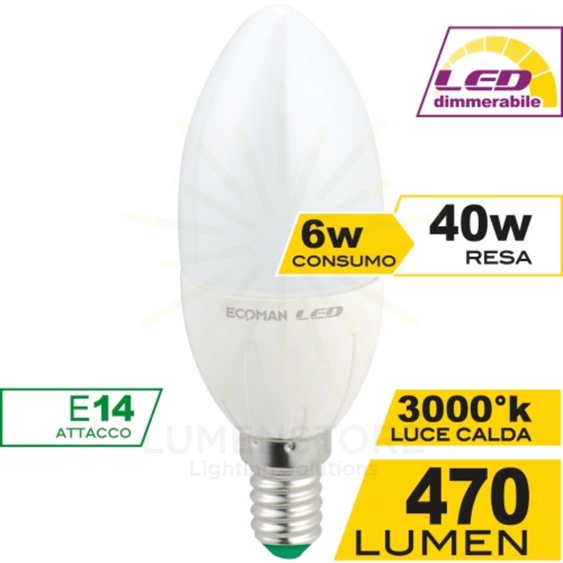 lampadina led candela e14 6w luce calda 3000k ecoman dimmerabile vetro trasparente