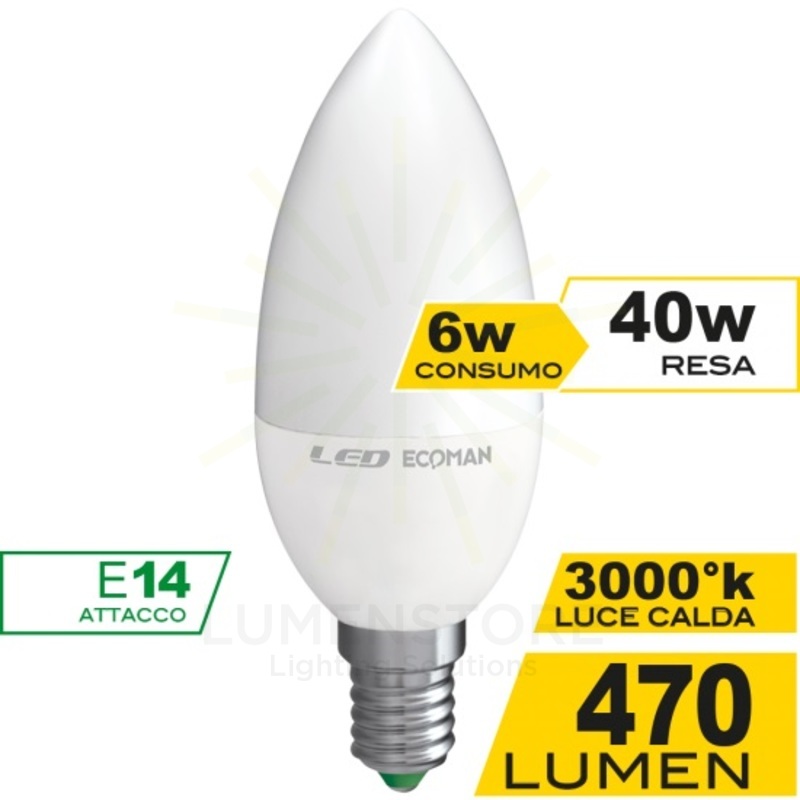 lampadina led candela e14 6w luce calda 3000k ecoman vetro ghiaccio