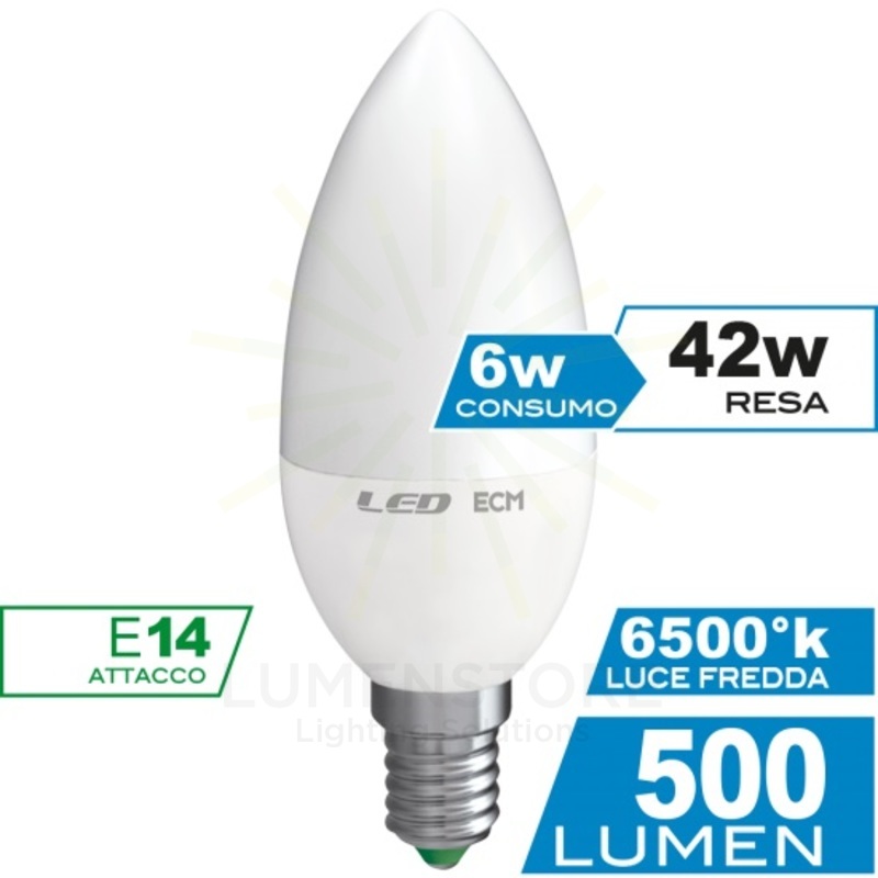 lampadina led candela e14 6w luce fredda 6000k ecoman vetro ghiaccio