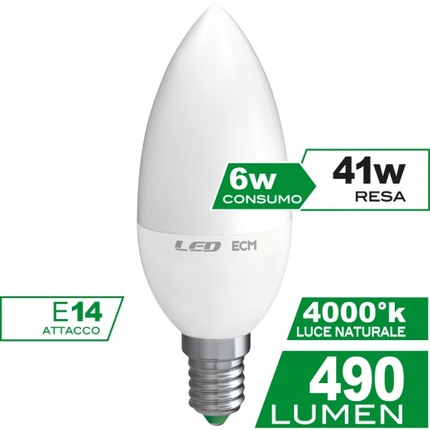 Lampadine a candela led E14 6W luce naturale 4000K 480Lm dimmerabile  KLASSIC-E14C-6M-DIM FAN EUROPE INTEC