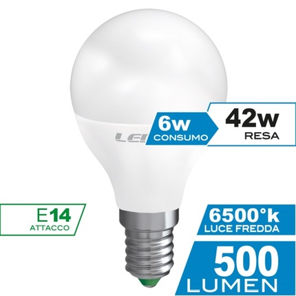 lampadina led sfera e14 6w luce fredda 6000k ecoman vetro ghiaccio